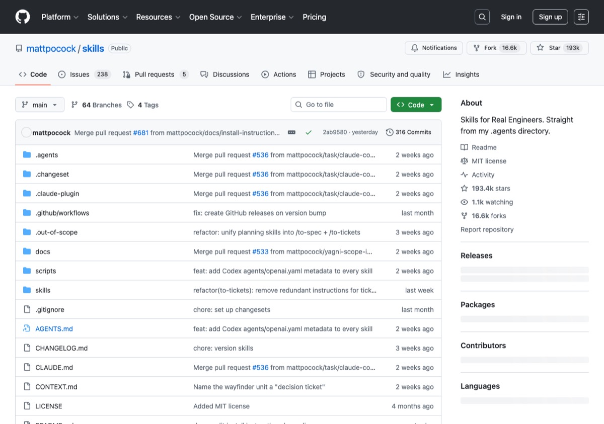 mattpocock/skills のGitHubリポジトリページ。スター数19.3万、MITライセンスと表示されている
